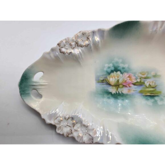 Antique 1890s RS Prussia Gold Trimmed Reflecting Water Lilies 9.5" Celery Dish - Picture 6 of 10